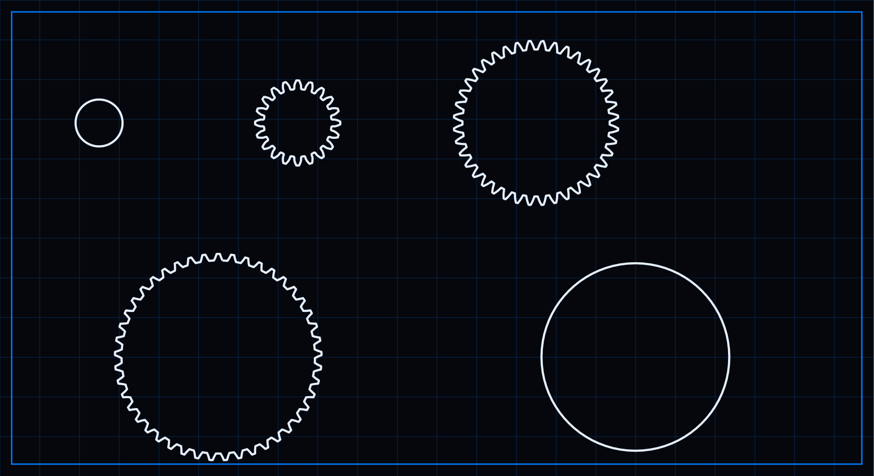 Pre-release GearForge layout proof showing five original vector elements inside a blue measurement grid